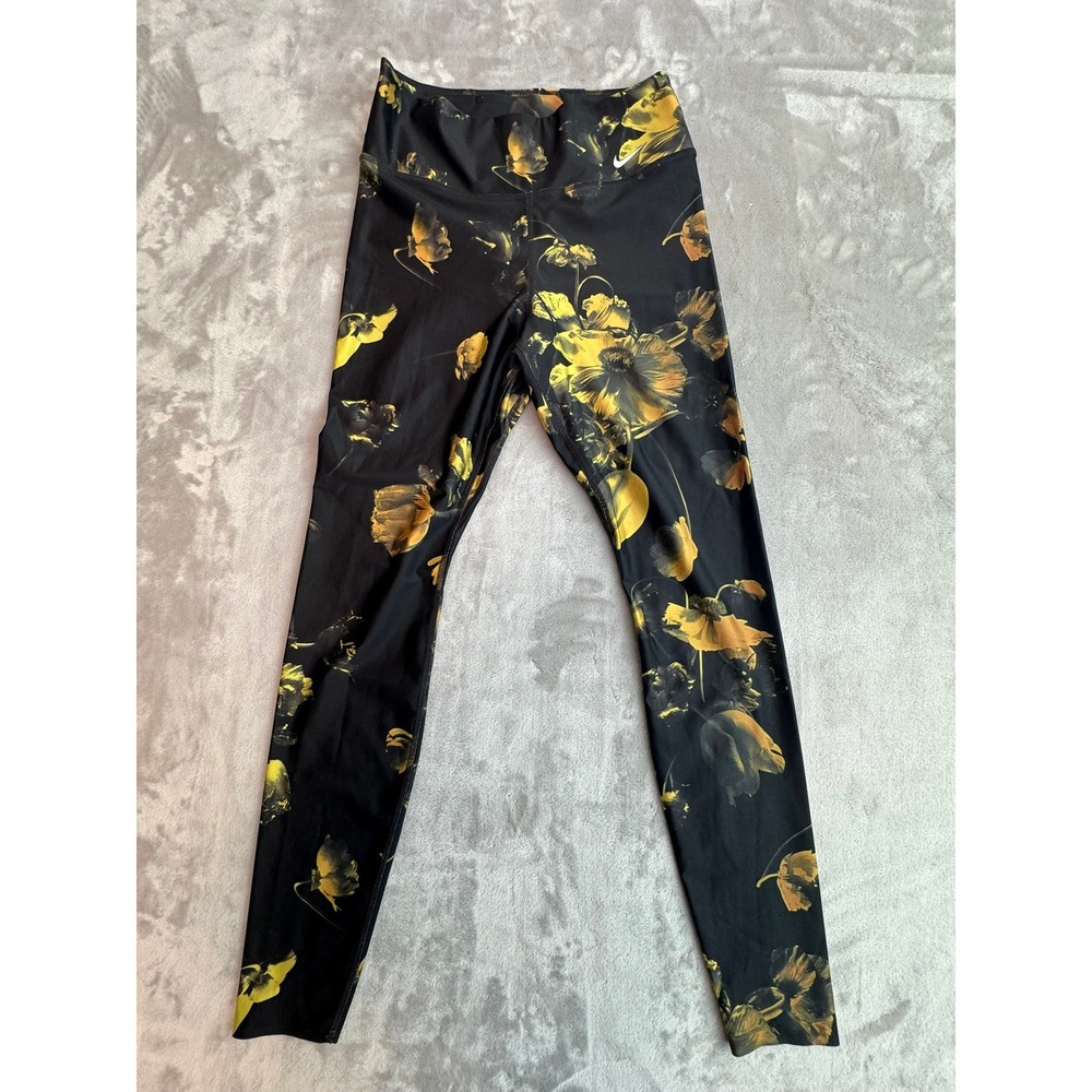 Nike Womens Floral Print High Rise Athletic Leggings Black Yellow Full Length